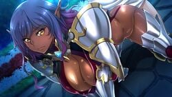 1boy 1girls aoi_nagisa_(metalder) armor breasts cleavage clothing dark-skinned_female dark_elf delva_celebrian doggy_style elf hanging_breasts huge_breasts human interspecies male_human/female_elf sex tagme youkoso!_sukebe_elf_no_mori_e