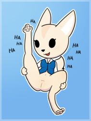 aggressive_retsuko anthro bottomless canine clothed clothing english_text female fennec fenneko fox hindpaw laugh mammal navel office_lady paws pussy smooth_skin solo spreading text zeldrith