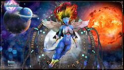 1girls 3d angel_wings bare_shoulders becarra big_breasts blonde_hair blue_eyes blue_skin bottomless bracer busty cleavage curvy detailed_background english_text erect_nipple erect_nipples female female_only flying front_view glowing_eyes green_hair half-dressed half_dressed hourglass_figure humanoid long_hair looking_at_viewer multicolored_hair nammu no_panties outdoor outside pointy_ears pointy_tail pose posing red_hair sandals see-through shaved_pussy shiny shiny_skin shoes solo space tattoo text voluptuous wide_hips wings yellow_hair