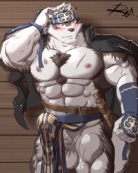 armor balls blush boner brown_fur bulge canine clothing erection fur gauntlets gloves headband horkeukamui loincloth male male_only mammal muscular muscular_male nipples penis poking_out reclamon solo tokyo_afterschool_summoners white_balls white_fur white_penis yellow_eyes