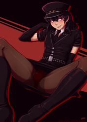 1boy akira_kurusu atlus black_hair blush boots bulge crossdressing femboy girly gloves high_heel_boots highres ittla joker_(persona) kneehighs looking_at_viewer male male_only megami_tensei pantyhose persona persona_5 persona_5:_dancing_star_night police police_uniform red_eyes ren_amamiya shin_megami_tensei spread_legs tagme trap