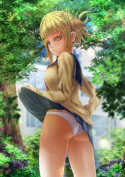 ass back_view blonde_hair blue_skirt clothed female flowers gold_eyes hair_bun himiko_toga kein912 looking_back my_hero_academia nature panties park pleated_skirt presenting_ass presenting_panties raised_skirt short_skirt skirt skirt_lift solo trees under_skirt upskirt white_panties