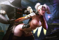 1boy 1girls 2018 arm_held_back blizzard_entertainment blurry blurry_background breasts closed_eyes clothed_sex doggy_style female grabbing grabbing_from_behind high_ponytail highres hood long_sleeves makeup male mercy no_bra no_panties open_mouth overwatch pants_pull patreon_username ponytail rape reaper revision sex shaded_face shadow short_ponytail signature single_wing standing_sex straight tarakanovich tongue torn_clothes trench_coat watermark web_address white_hair wings