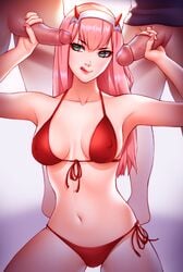 >_< :d absurdres big_penis bikini bikini_bottom bikini_top breasts darling_in_the_franxx double_handjob female handjob highres open_mouth paid_reward patreon_reward penis pink_hair pinkladymage red_swimsuit smile swimsuit uncensored zero_two_(darling_in_the_franxx)