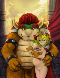 2boys age_difference armlet bowser bowser_jr. brown_hair claws closed_mouth cowboy_shot earrings eyebrows_visible_through_hair fang female hair_between_eyes holding horns jewelry looking_at_viewer looking_to_the_side mario_(series) multiple_boys navel necklace nintendo nude pregnant princess_peach pussy robert_knight smile standing star star_necklace teeth thick_eyebrows uncensored