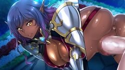 anus aoi_nagisa_(metalder) armor breasts censored cleavage clothing dark_elf delva_celebrian doggy_style elf hanging_breasts huge_breasts penis pointy_ears pussy sex tagme vaginal_penetration youkoso!_sukebe_elf_no_mori_e