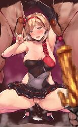 \m/ armpits bare_shoulders blonde_hair blush censored dancer_(granblue_fantasy) dildo djeeta_(granblue_fantasy) elbow_gloves erect_nipples female gloves granblue_fantasy hairband heart heart-shaped_pupils highres kurowa navel open_mouth penis pubic_hair pussy pussy_juice single_elbow_glove skirt squatting symbol-shaped_pupils