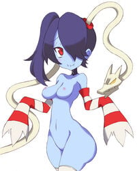 alternate_breast_size bare_shoulders big_breasts blue_hair blue_skin breasts detached_collar detached_sleeves female hair_over_one_eye leviathan_(skullgirls) nipples nude pussy red_eyes skullgirls solo squigly stitched_mouth stitches striped striped_sleeves zombie