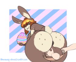 anthro anus ass ball_fondling balls bent_over big_balls big_butt biting_lip blonde_hair disembodied_hand easter easter_bunny egg femboy fondling girly hair holidays huge_balls lagomorph long_ears male mammal nude rabbit solo stowaway