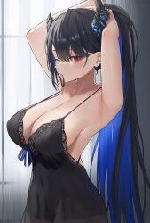 1girls archinoer armpits arms_up black_hair breasts cleavage female hi_res hololive hololive_english hololive_english_-advent- huge_breasts light-skinned_female light_skin lingerie long_hair nerissa_ravencroft one_eye_closed ponytail red_eyes virtual_youtuber