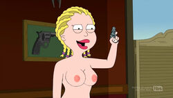 american_dad big_lips blonde_hair braided_hair breasts cornrows edit edited female francine_smith gun lips nipples screenshot screenshot_edit