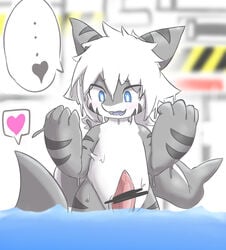 1boy anthro blue_eyes censored changed_(video_game) digital_media_(artwork) fish hair heart inside koshian lin_(changed) male male_only marine monster nude penis shark shark_(changed) smile solo stripes tiger_shark_(changed) water wet white_hair