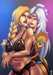 2018 2girls blonde_hair blue_eyes bra braid braided_hair braided_ponytail breasts hi-rez_studios hug lian_(paladins) light-skinned_female light_skin lingerie long_hair looking_at_another paladins ponytail purple_eyes red_lipstick silver_hair toned tyra_(paladins) underwear waist_grab white_hair yuri