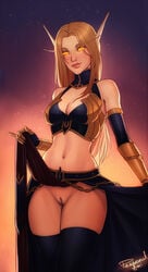 1girls artist_name bare_midriff big_breasts blood_elf bottomless_skirt breasts character_name cleavage colored_sclera copyright_name elf female female_only glow glowing glowing_skin going_commando golden_sun lifted_by_self lifting_skirt looking_at_viewer navel no_panties no_panties_under_skirt pale_skin pelvic_curtain personalami presenting_pussy pussy shaved_pussy skirt_lift solo synea thighhighs warm_colors world_of_warcraft yellow_eyes yellow_sclera