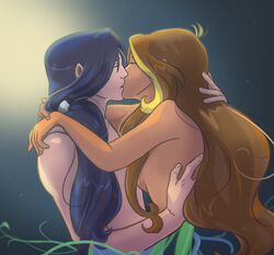 1boy 1boy1girl 1girls arm_around_neck blue_hair brown_hair canon_couple female flora_(winx_club) helia_(winx_club) kissing krokodilena long_hair rainbow_(animation_studio) side_ponytail straight tied_hair topless very_long_hair winx_club