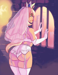 1girls andrew_dickman ass awd back_view big_ass big_butt bra bride cosplay curvaceous curvy elbow_gloves female female_only garter_belt gloves indoors jail_cell lingerie long_hair mario_(series) nintendo panties princess_peach solo standing thick thighhighs tokyoakyra underwear underwear_only video_games white_bra white_panties wide_hips window