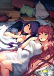 1girls arm_behind_head armpits blanket book brown_hair controller cup doki_doki_literature_club edit erection_under_clothes eyebrows_visible_through_hair futanari game_controller green_eyes hair_down hair_ornament hairclip intersex long_hair looking_at_viewer lying monika_(doki_doki_literature_club) multiple_girls official_art on_back on_floor on_side one_eye_closed open_mouth pillow playstation_2_controller purple_hair satchely teacup third-party_edit tray under_covers very_long_hair window_shade wooden_floor yawning yuri_(doki_doki_literature_club)