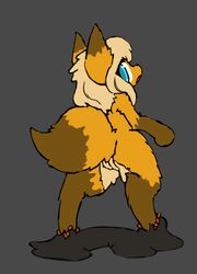 anthro blue_eyes canine clothing female fox fur living_suit looking_back mammal pussy rubber rubber_suit simple_background solo sorrynothing standing surprise tentacle tiny_fox_(sorrynothing) trapped yellow_fur