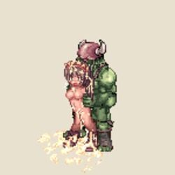 1girls animated female kafra light-skinned_female light_skin male monster orc orc_male pixel_art ragnarok_online sprite tan_background