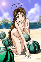 female beach blush kneeling love_hina melon mutsumi_otohime nude otohime_mutsumi outdoors sea sky water