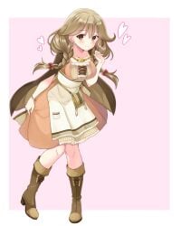 1girls accessory armband bag bare_arms boots braid breasts brown_eyes brown_hair cape dress faye_(fire_emblem) female female_only fire_emblem fire_emblem_echoes:_shadows_of_valentia heart long_hair looking_at_viewer medium_breasts miyako_(mongcocoa) necklace nintendo pink_background simple_background smile solo twin_braids