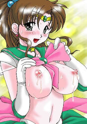 1girls big_breasts bishoujo_senshi_sailor_moon blush breasts brown_hair brunette choker circlet clothing earrings elbow_gloves female female_only gabri-l gloves lactation large_breasts lowres makoto_kino milk nipples oekaki ponytail sailor_jupiter solo super_sailor_jupiter sweat tied_hair