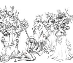 3girls adepta_sororitas black_and_white chaos_(warhammer) chaos_daemon chaos_space_marine corruption daemonette emperors_children female imperium_of_man looking_at_viewer monochrome nipples noise_marine nude nude_female power_armor scared sister_of_battle slaanesh slaanesh_mark slave smirk tentacle warhammer_(franchise) warhammer_40k