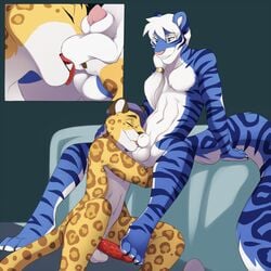 ball_licking balls barbs blue_fur cheetah closed_eyes couple cutaway duo erection feline furry gay jailbird licking male no_humans nuzzling penis sheath spotted stripes tiger tongue tongue_out