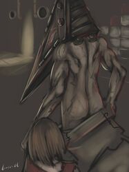 1boy 1girls imminent_rape male_focus maria_(silent_hill) pyramid_head silent_hill silent_hill_2 tagme