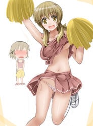 abubu blush bottomless breasts cheerleader chibi frilled_panties frills hidamari_sketch jump jumping lowleg lowleg_panties miyako no_bra panties shoes side-tie_panties skirt underboob underwear yuno