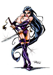 1990s 1999 1girls 20th_century artist_request asian betsy_braddock black_hair breasts elizabeth_braddock female female_only katana kwannon large_breasts long_hair marvel nipples psylocke simple_background solo straight_hair sword topless weapon white_background x-men