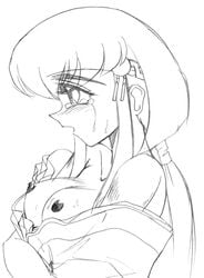 1girls ayeka_masaki_jurai breasts crying female female_only large_breasts long_hair monochrome no_bra pointy_chin shimazaki_yoshio solo tenchi_muyo!