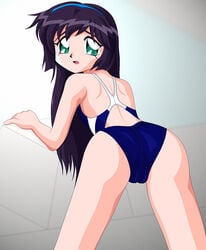 1girls ass big_ass breasts cameltoe female human long_hair misao_amano one-piece_swimsuit pale-skinned_female pale_skin pretty_sammy purple_hair solo swimsuit tagme tenchi_muyo! wide_hips