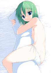 ass_cleavage blue_eyes butt_crack dakimakura dakimakura_(object) error flat_chest green_hair kusaka_souji lowleg lowleg_panties lucky_star lying minami_iwasaki nail_polish nipples panties pillow pillow_hug side-tie_panties skinny topless underwear white_panties