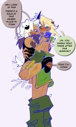 balls casual_sex clothed/nude cum_splatter cumming humanoid lloyd_garmadon male ninjago ninjago:_dragons_rising oc self_insert standing_sex tail_wagging