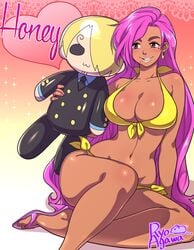 bikini brown_eyes dark-skinned_female dark_skin earrings female female_only heels high_heel_sandals hoop_earrings male_plushie mole mole_under_eye mole_under_mouth one_piece open_toe_shoes pink_hair plushie ryo_agawa sandals sanji sitting solo swimsuit vinsmoke_sanji