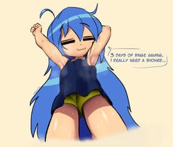 1girls armpit_fetish armpits blue_hair clothing dirty female female_only konata_izumi lilmoonie lucky_star mole mole_under_eye presenting_armpit presenting_armpits shorts smell solo sweat sweaty_armpits