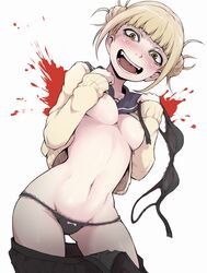 1girls abs bangs black_bra black_panties blonde_hair blood blood_splatter blunt_bangs bra bra_removed breasts cardigan cowboy_shot double_bun fangs female hair_bun himiko_toga ina_(gokihoihoi) looking_at_viewer lowleg lowleg_panties messy_hair my_hero_academia navel nipples open_mouth panties school_uniform serafuku shirt_lift skirt solo underboob underwear undressing yandere yellow_eyes