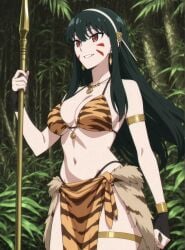 1girls accurate_art_style ai_generated airetromonger alluring big_breasts black_hair breasts cave_girl cavegirl cavewoman cleavage female holding_spear jungle jungle_girl jungle_warrior loincloth milf red_eyes spear spy_x_family tarzan yor_briar yor_forger