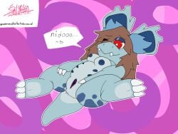 4:3 absurd_res ass blue_body breasts brown_hair female feral generation_1_pokemon genitals hair hi_res masturbation nidorina nintendo paws pokemon pokemon_(species) presenting presenting_vulva purple_vulva raised_paw solo speech_bubble spots spotted_butt text valerie_(valerievalhatka) valerievalhatka vulva