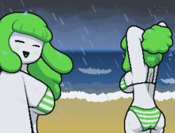 2girls ass beach big_ass big_breasts bikini blush boobs breasts butt closed_eyes curvy curvy_figure female female_only green_bikini green_blush green_hair happy happy_wars huge_breasts large_breasts looking_at_viewer looking_back ocean okami_tomato open_mouth pov rain raining sand storm striped_bikini water watermark wet white_bikini white_body white_skin wind_elemental_(happy_wars)