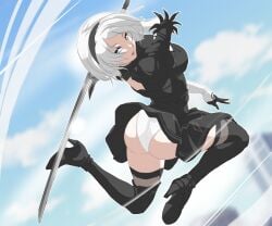 1girls ass big_ass blue_eyes breasts clothing female female_only hairband light-skinned_female light_skin looking_at_viewer nier nier:_automata short_hair skirt skirt_lift solo thighhighs white_hair xtia yorha_2b