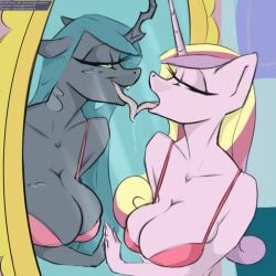 1:1 anthro anthrofied arthropod big_breasts bodily_fluids bra breasts changeling cleavage clothed clothing drooling duo equid equine female friendship_is_magic half-closed_eyes hasbro horn licking longtailshort mammal mirror multicolored_hair my_little_pony mythological_creature mythological_equine mythology narrowed_eyes patreon_url princess_cadance_(mlp) queen_chrysalis_(mlp) reflection saliva tongue tongue_out underwear unicorn url
