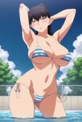 1girls ai_generated background big_breasts bikini black_hair blue_eyes blush blushing_female bra breasts bush cloud female female_only huge_boobs huge_breasts lokokabooster69 long_hair ponytail pool shuumatsu_no_harem sky smile solo solo_female toudou_akira_(shuumatsu_no_harem) trees water