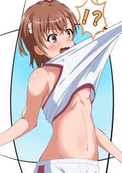 !? bare_shoulders blush breasts brown_eyes brown_hair clothes_pull collarbone commentary_request crossed_bangs female groin gym_shirt gym_shorts gym_uniform hair_ornament hairpin highres medium_hair misaka_mikoto navel open_mouth role_reversal scene_reference shirt shirt_pull shorts simple_background sleeveless sleeveless_shirt small_breasts solo stomach surprised tabu_(tabu_01) to_aru_kagaku_no_railgun to_aru_majutsu_no_index toaru_kagaku_no_railgun toaru_kagaku_no_railgun_t toaru_majutsu_no_index tokiwadai_school_gym_uniform underboob white_shirt