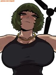 all_fours bare_shoulders biting_own_lip black_tank_top blush breasts ceiling_fan closed_mouth collarbone eyelashes female fubuki_(one-punch_man) gold_choker green_eyes green_hair hanging_breasts heart heart-shaped_pupils highres large_breasts looking_at_viewer looking_down low-angle_view nose one-punch_man patreon_username pink_pupils pov short_hair simple_background smile solo stopu symbol-shaped_pupils tank_top upper_body white_background