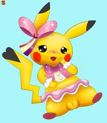 1girls ass belly big_ears black_eyes blue_background blush bow cleft_tail clothed clothing cosplay cosplay_pikachu feet female female_only feral fur hair_ribbon hairbow hand_on_belly long_ears looking_at_viewer midriff navel nintendo on_back open_mouth paws pikachu pikachu_pop_star pokémon_(species) pokemon pokemon_oras pokemon_rgby pussy ribbon ribbons rodent shirt shoes skirt smile solo spread_legs swizzle tail tongue tumblr video_games watermark yellow_fur