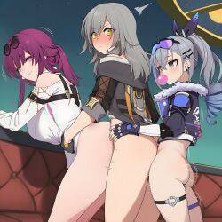 3girls ai_generated ass bare_shoulders bent_over black_gloves black_jacket blush bottomless breasts bubble_blowing chewing_gum closed_mouth clothed_sex clothing couch drill_hair earrings eyewear eyewear_on_head female fingerless_gloves from_side fur-trimmed_jacket fur_trim futa_with_female futanari gloves goggles goggles_on_head grey_eyes grey_hair group_sex guns_girlz_(series) hair_between_eyes hair_ornament hands_on_another's_hips high_ponytail honkai:_star_rail hood hooded_jacket implied_futa intersex jacket jewelry kafka_(honkai:_star_rail) large_breasts long_hair long_sleeves looking_at_another looking_at_viewer looking_back love_train motion_lines multiple_females multiple_girls night night_sky outdoors pince-nez ponytail purple_eyes purple_hair sex sex_from_behind shaddai shirt silver_wolf_(honkai:_star_rail) sky smile standing standing_sex star_(sky) starry_sky stelle_(honkai:_star_rail) sunglasses thigh_strap thighs threesome torso_grab trailblazer_(honkai:_star_rail) white_shirt yellow_eyes