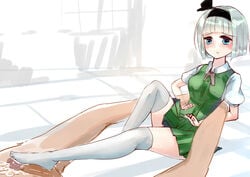 blue_eyes blush cum cum_on_self feet footjob footjob_with_legwear legwear penis sakitsurumura silver_hair skirt touhou white_legwear youmu_konpaku