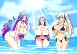 3girls armlet bikini blue_eyes blush breasts cleavage covered_nipples crossover crown devil-v elbow_gloves embarrassed eyepatch_bikini fate/grand_order fate_(series) friendship_is_magic gloves hair_ribbon hand_on_thigh highres huge_breasts human humanized leaning_forward long_hair looking_at_viewer mabinogi minamoto_no_raikou_(fate/grand_order) multicolored_hair multiple_girls my_little_pony nao neck_ring o-ring_bikini o-ring_bottom ocean open_mouth outdoors personification princess_celestia_(mlp) purple_eyes purple_hair ribbon side-tie_bikini smile smooth_skin sunlight swimsuit thigh_gap twintails very_long_hair water white_hair wide_hips